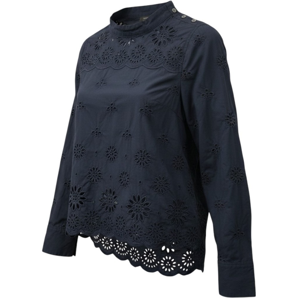 J.Crew Eyelet Blouse Women 2 Navy Blue Floral Scalloped Shoulder Button Hi Low